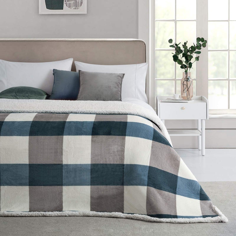 PU MEI Sherpa Fleece Throw Blanket 60"" x 80"" Reversible Plush Fluffy Lattice Flannel Blankets for Sofa Couch Bed  Grey-Soft Blue - Image 3